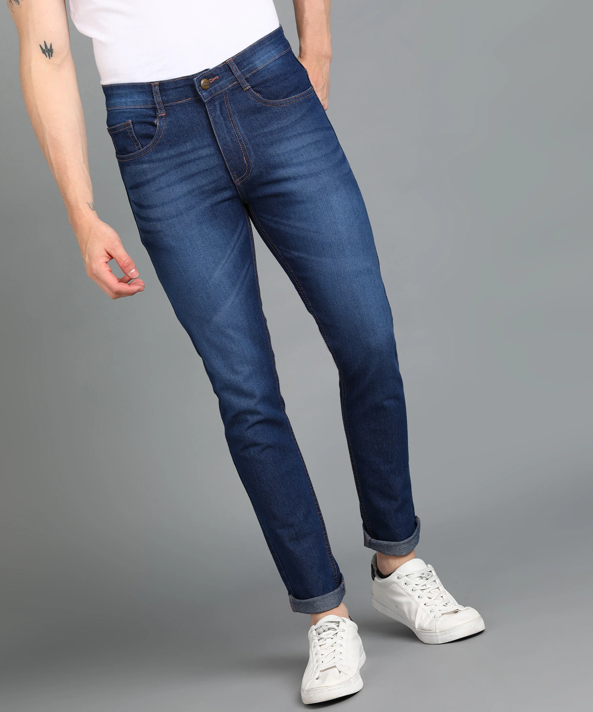 Men's Dark Blue Slim Fit Washed Jeans Stretchable - Image 2