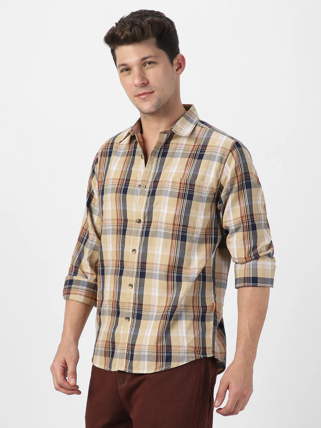 Men's Beige Cotton Full Sleeve Regular Fit Casual Checkered Shirt - Image 2