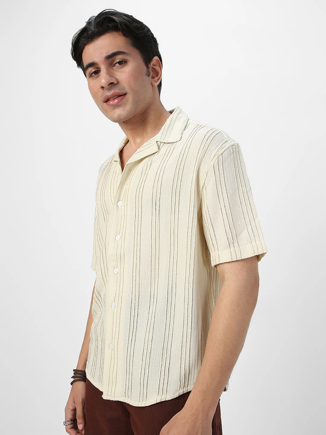 Men's Beige Cotton Half Sleeve Oversized Fit Textured Shirt with Cuban Collar - Image 2
