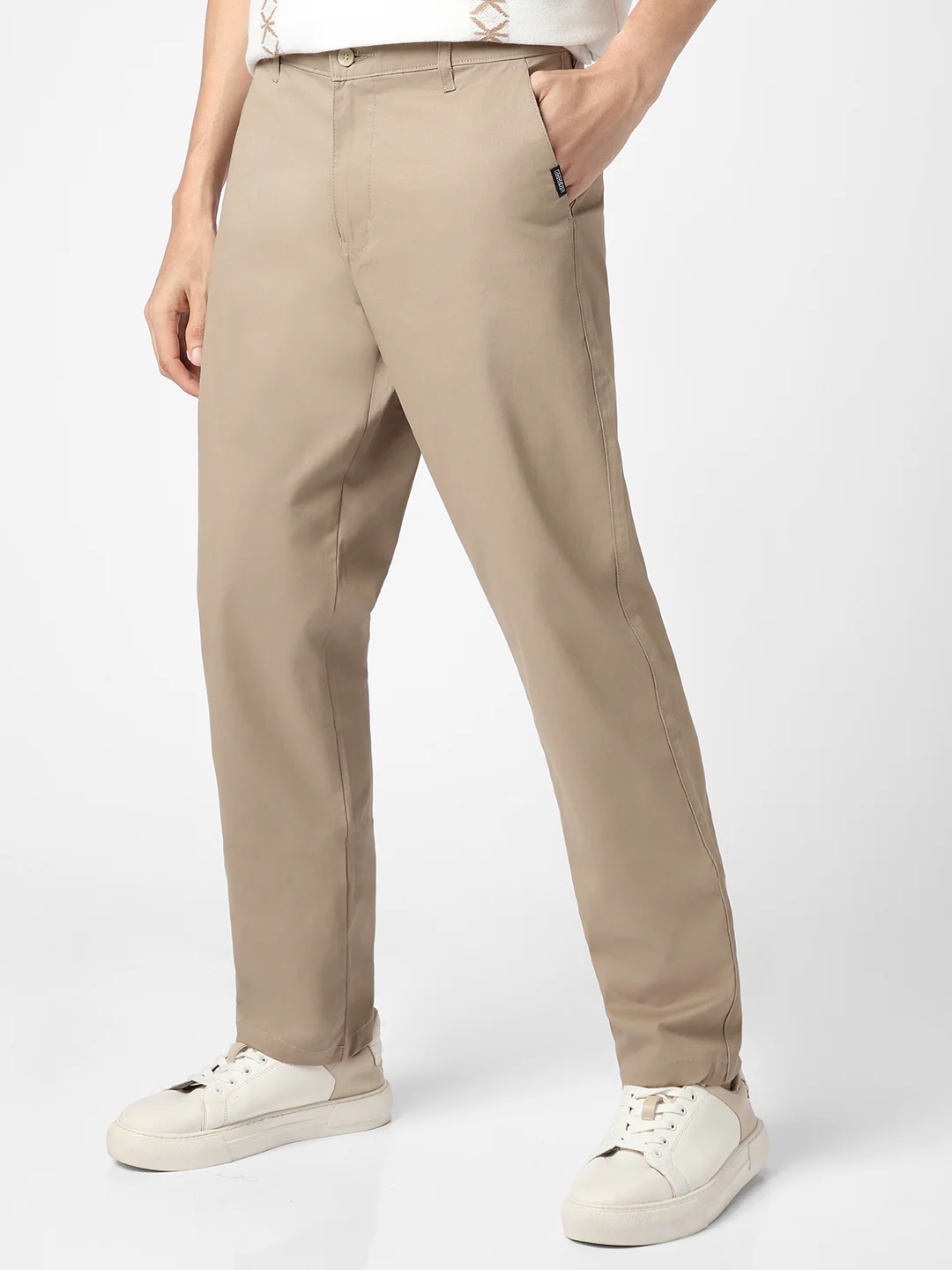 Men's Beige Cotton Regular Fit Casual Chinos Trousers Stretch - Image 2