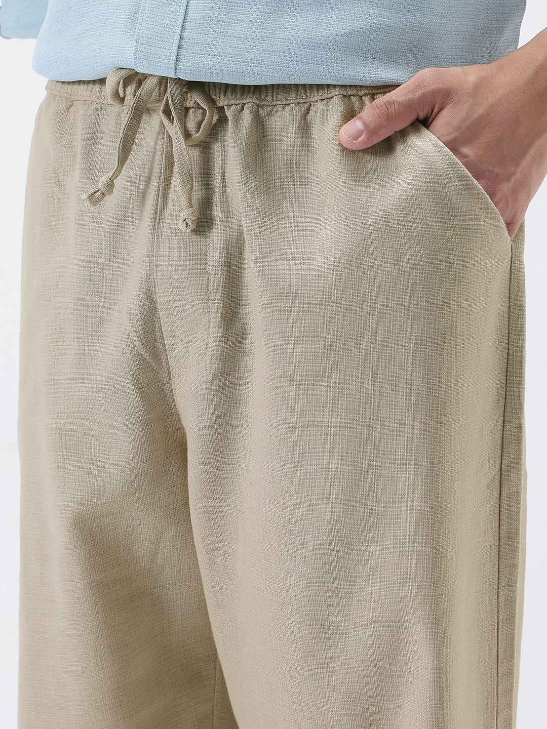 Men's Beige Loose Fit Solid Linen Blend Trousers Non-Stretchable - Image 5