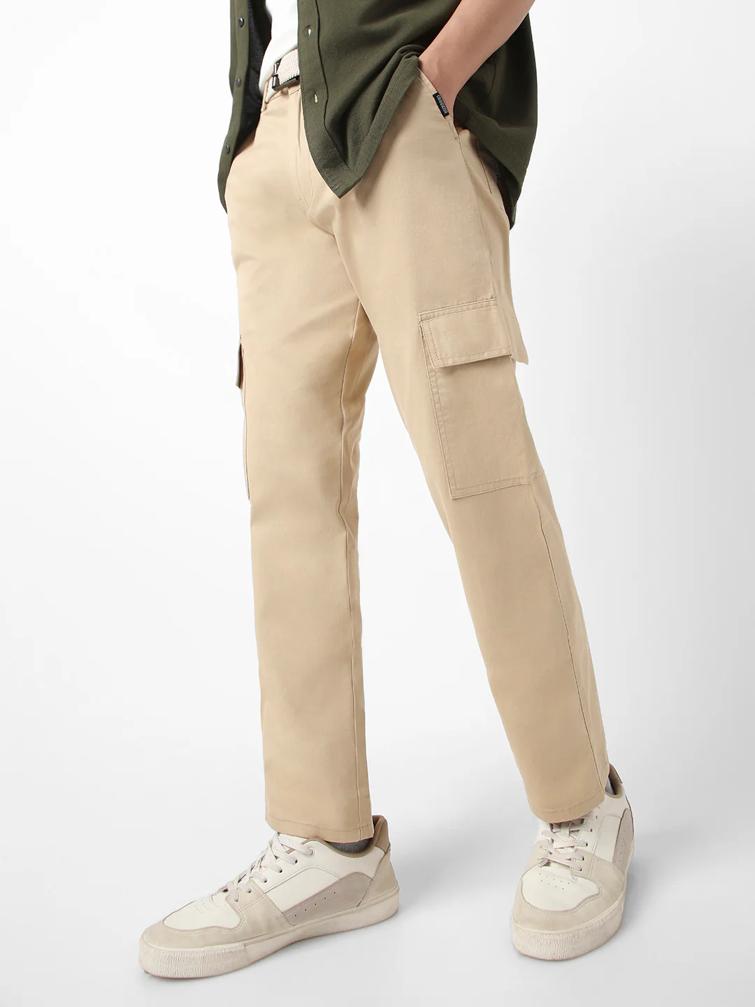 Men's Beige Regular Fit Solid Cargo Chino Pant with 6 Pockets Stretchable