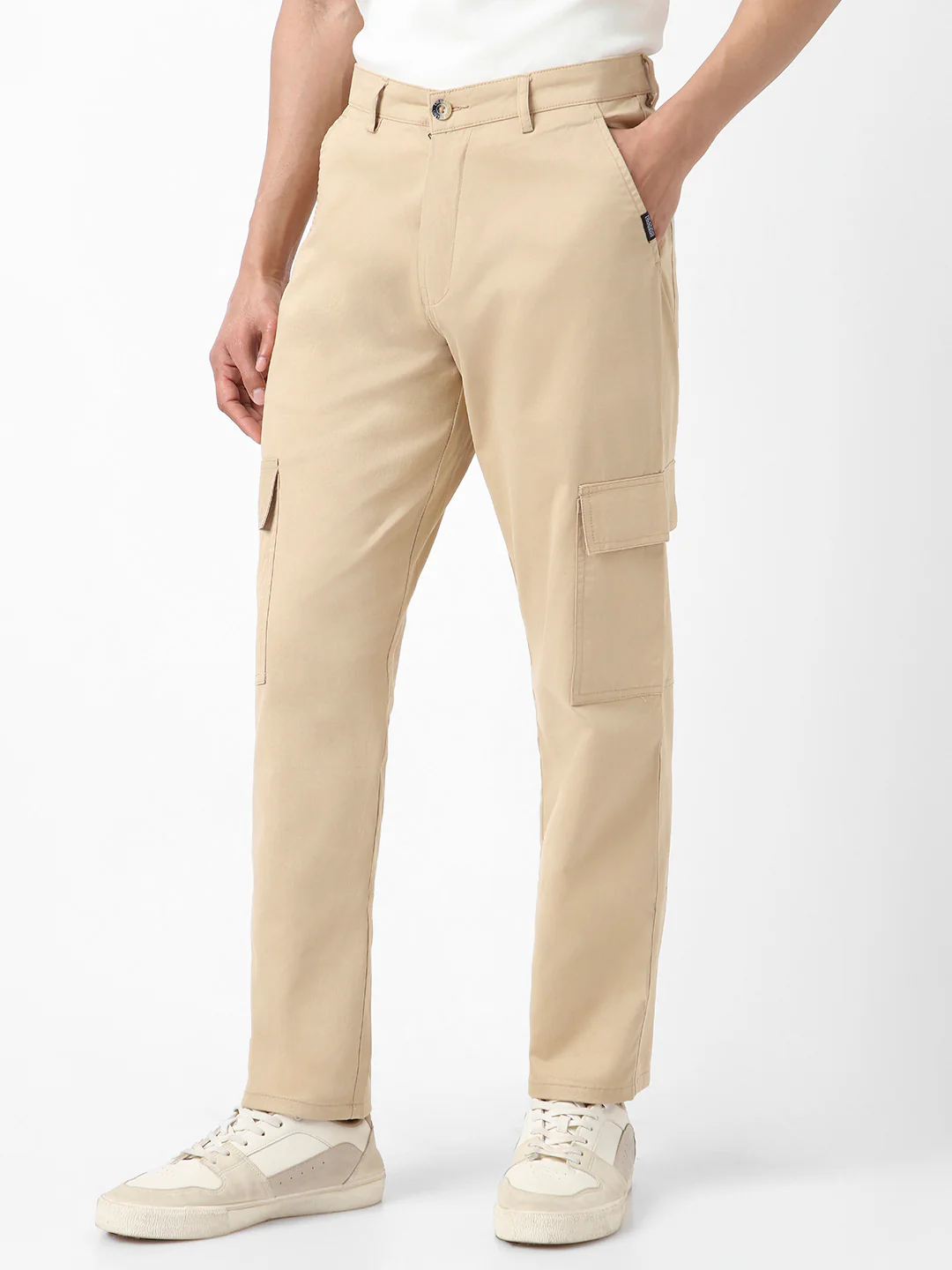 Men's Beige Regular Fit Solid Cargo Chino Pant with 6 Pockets Stretchable - Image 2