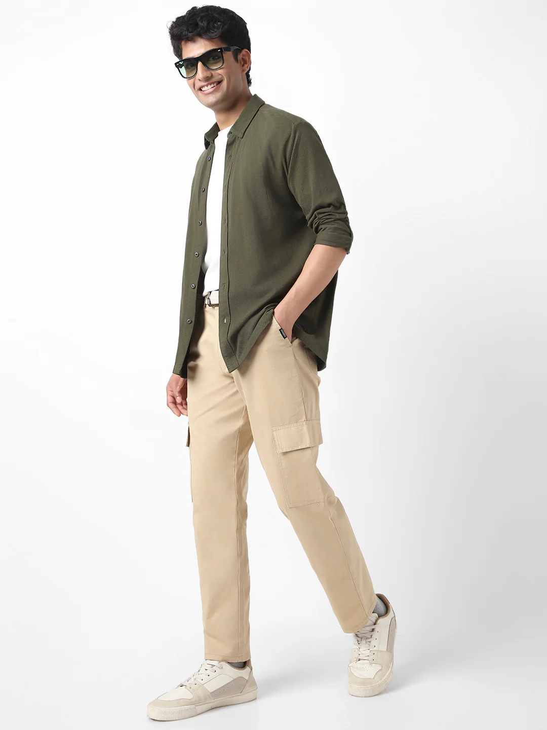Men's Beige Regular Fit Solid Cargo Chino Pant with 6 Pockets Stretchable - Image 4