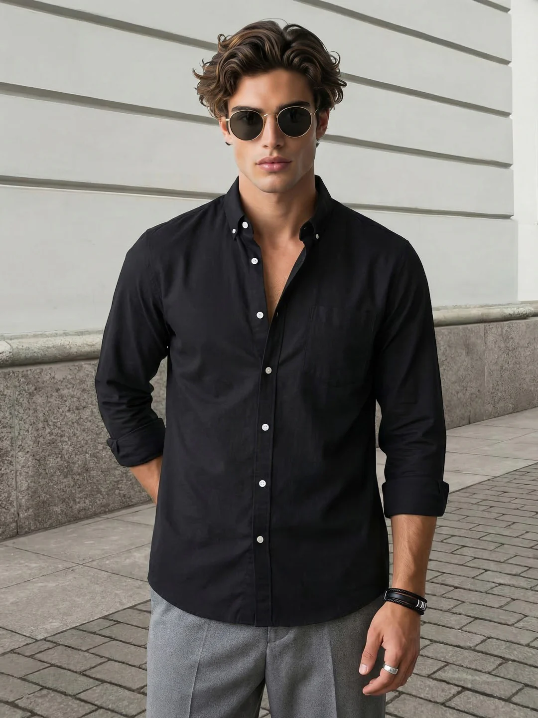 Men's Black Cotton Full Sleeve Regular Fit Solid Oxford Shirt With Button-Down Collar