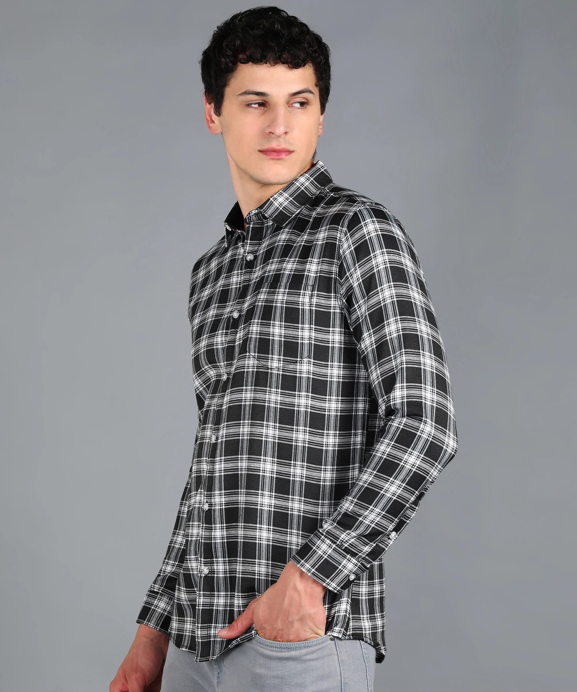 Men's Black Cotton Full Sleeve Slim Fit Casual Checkered Shirt - Image 2