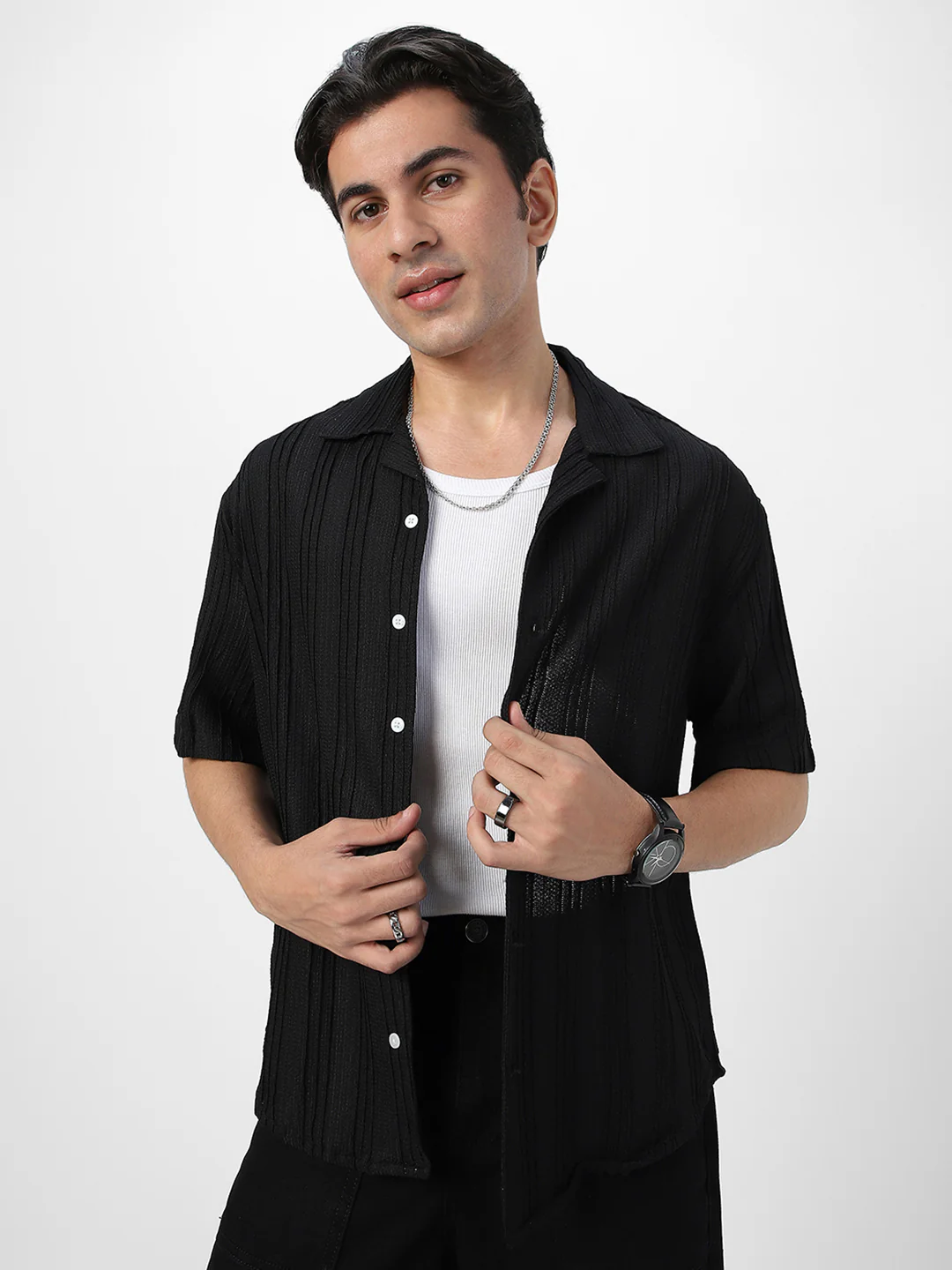 Men's Black Cotton Half Sleeve Oversized Fit Textured Shirt with Cuban Collar - Image 2