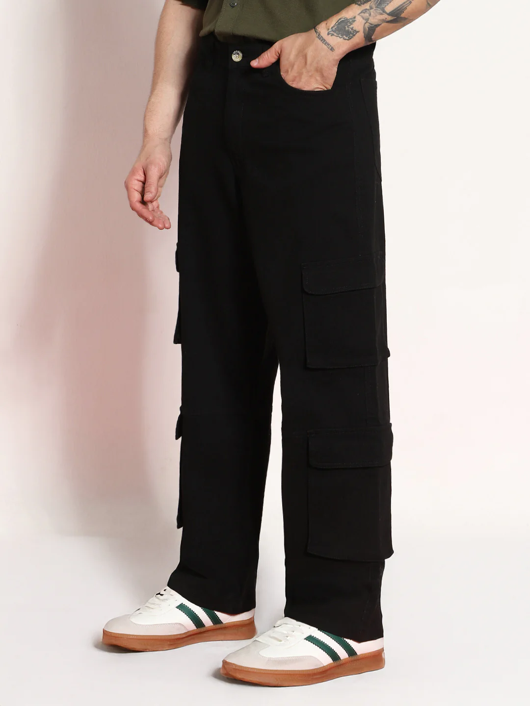 Men's Black Loose Baggy Fit Cargo Chino Pant with 8 Pockets Stretchable - Image 2