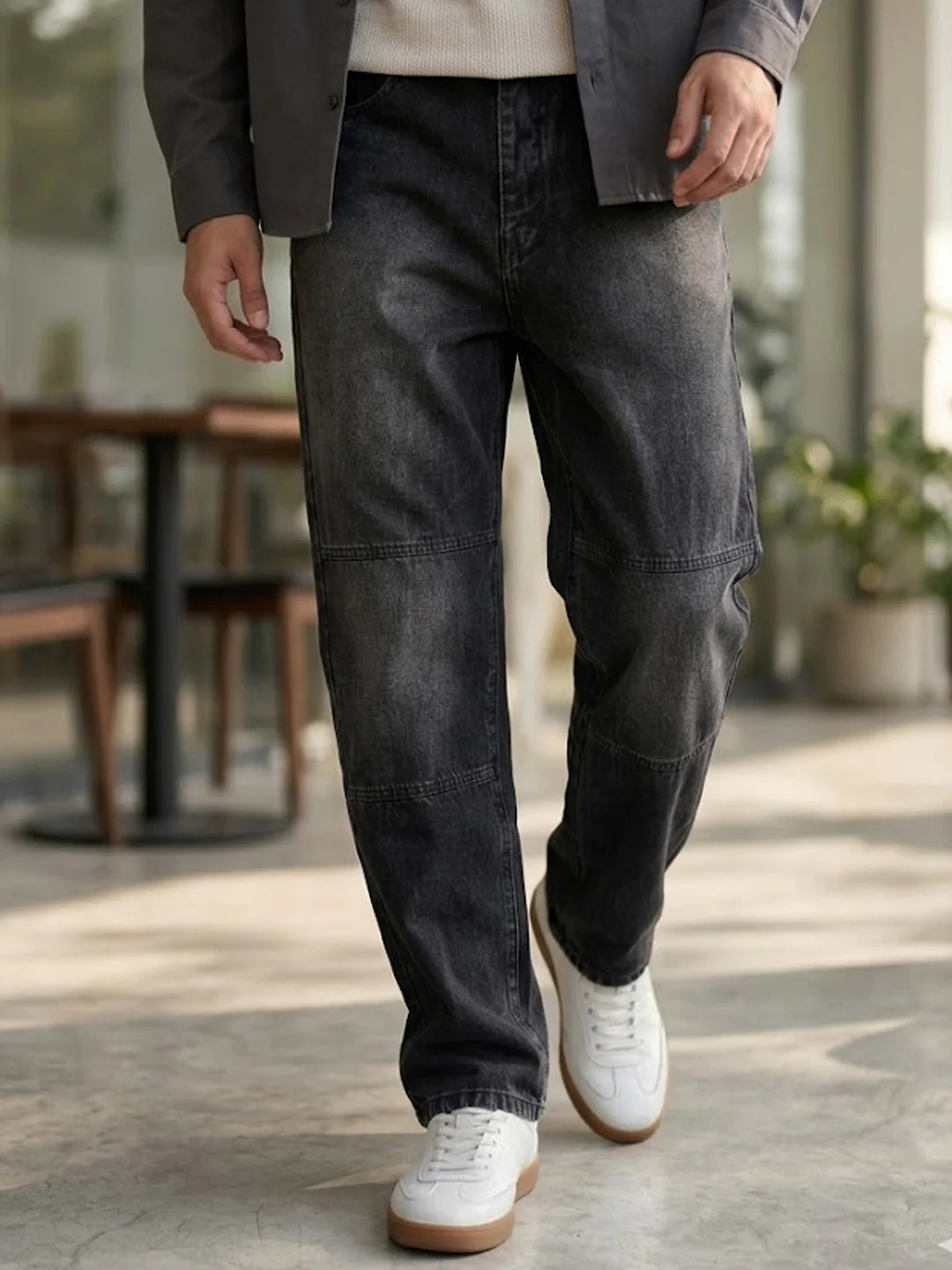 Men's Black Loose Baggy Fit Cut and Sew Panelled Jeans Non-Stretchable
