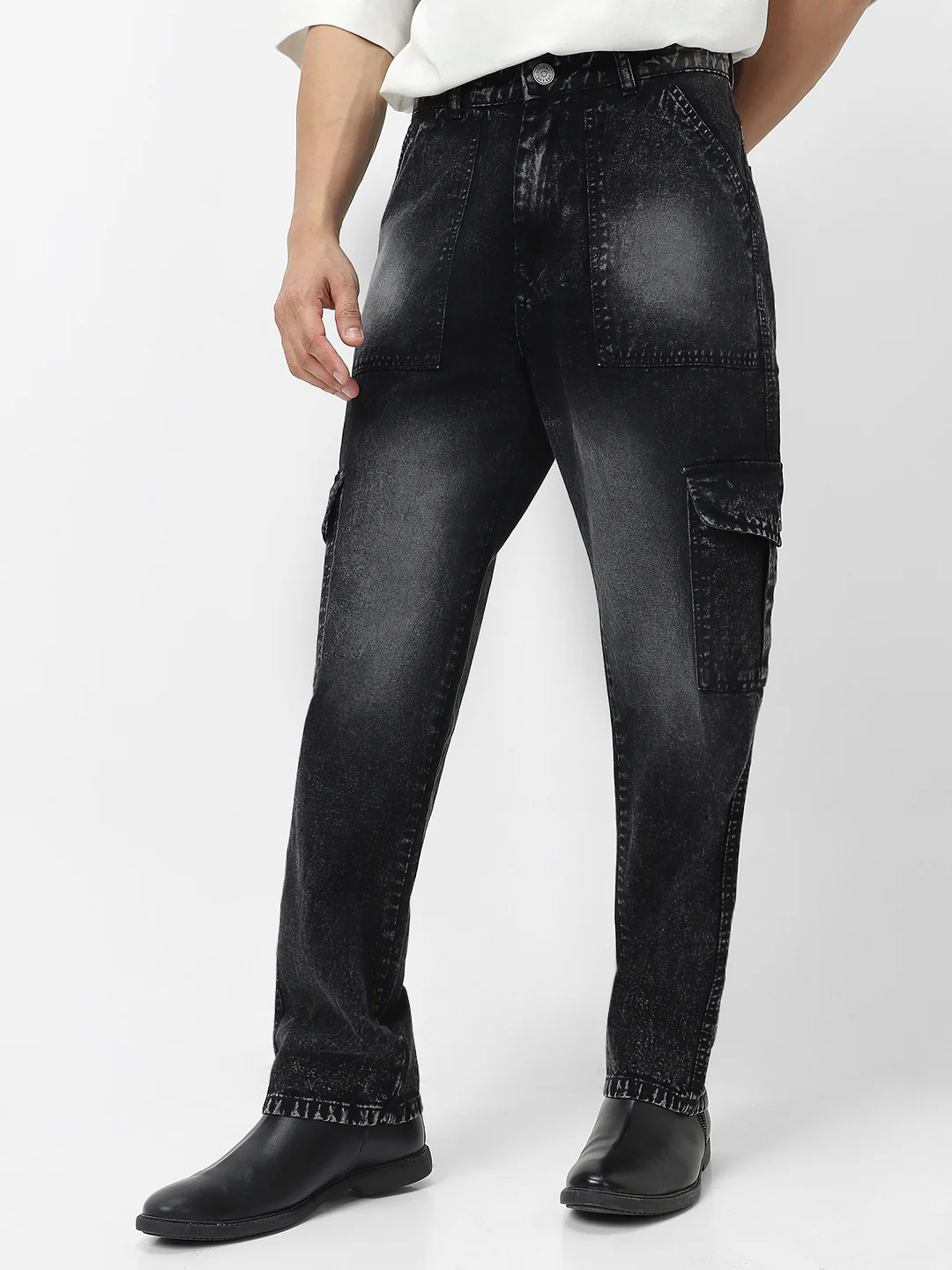 Men's Black Loose Fit Cargo Jeans With 6 Pockets Non Stretchable - Image 2