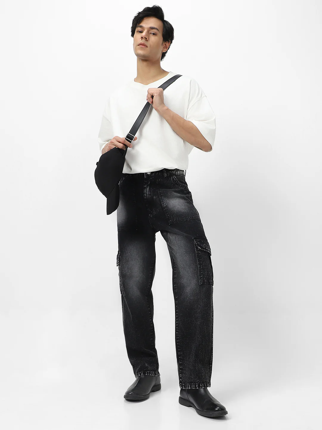 Men's Black Loose Fit Cargo Jeans With 6 Pockets Non Stretchable - Image 4
