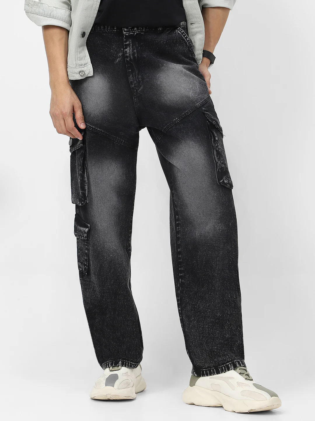 Men's Black Loose Fit Cargo Jeans With 7 Pockets Non Stretchable