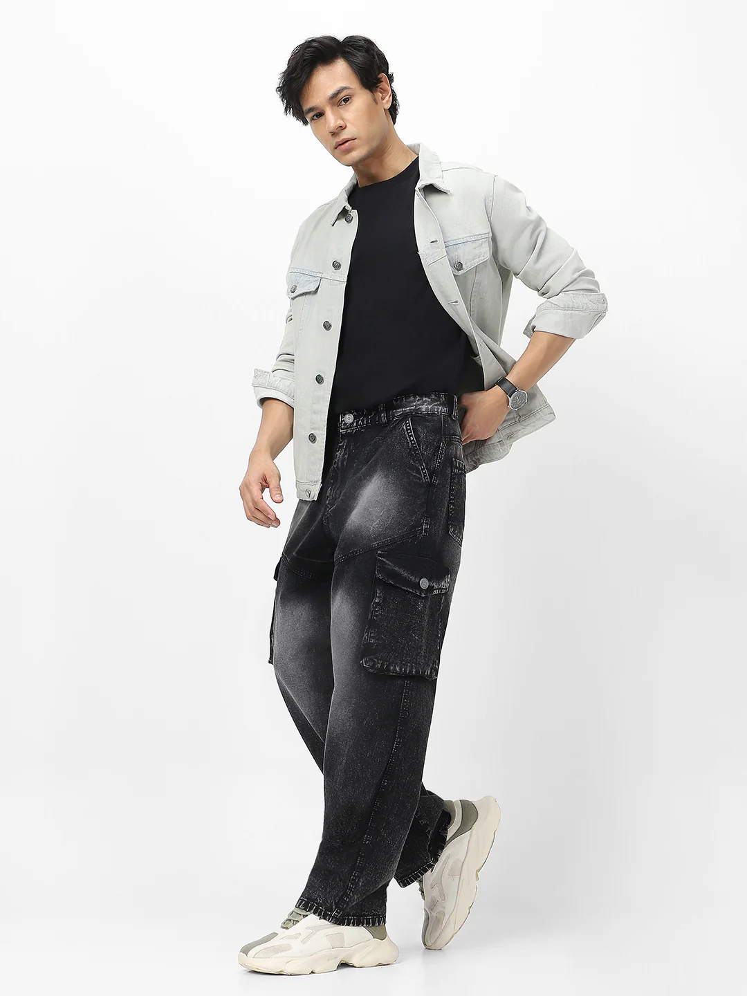 Men's Black Loose Fit Cargo Jeans With 7 Pockets Non Stretchable - Image 4