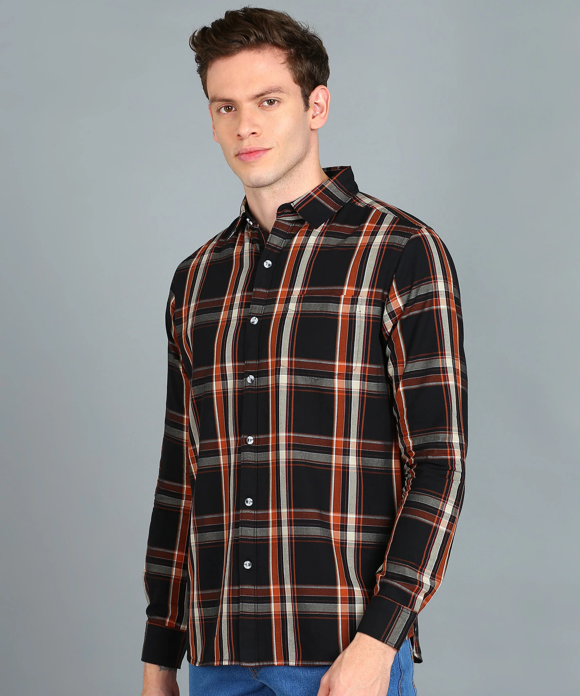 Men's Black, Orange Cotton Full Sleeve Slim Fit Casual Checkered Shirt - Image 2