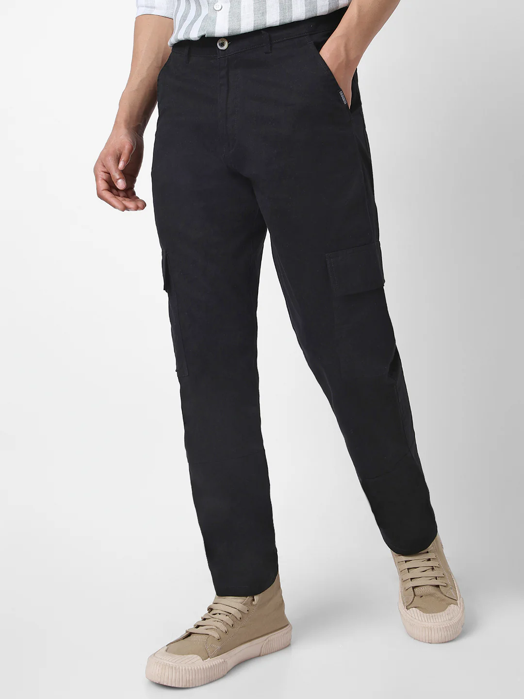 Men's Black Regular Fit Solid Cargo Chino Pant with 6 Pockets Stretchable
