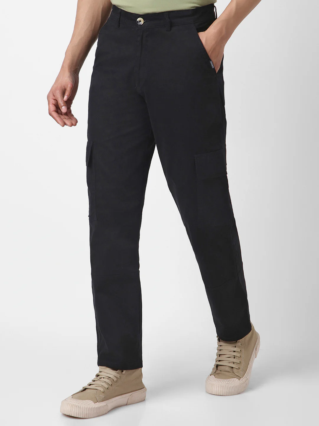 Men's Black Regular Fit Solid Cargo Chino Pant with 6 Pockets Stretchable - Image 2