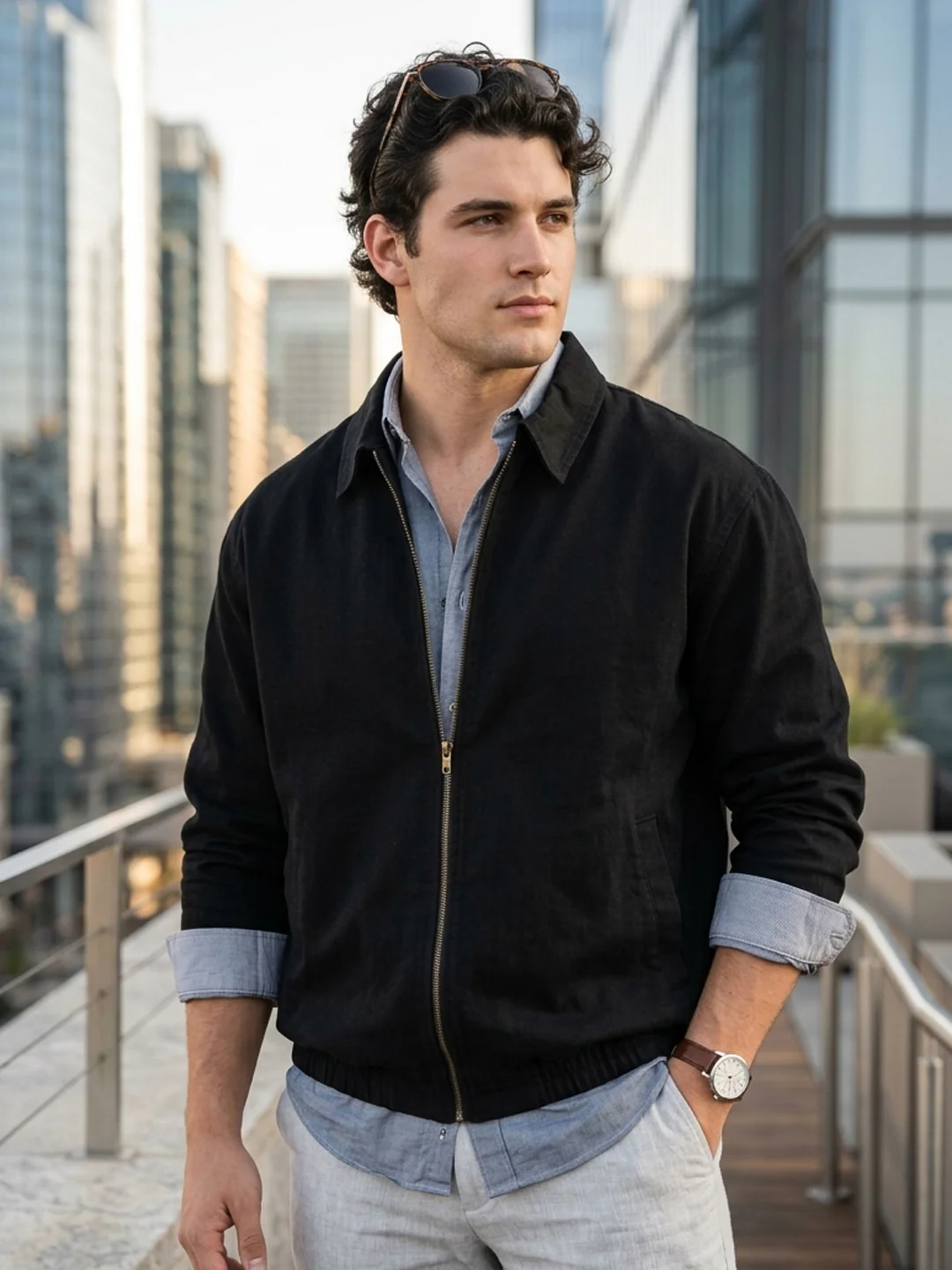Men's Black Relaxed Fit Full Sleeve Harrington Denim Jacket