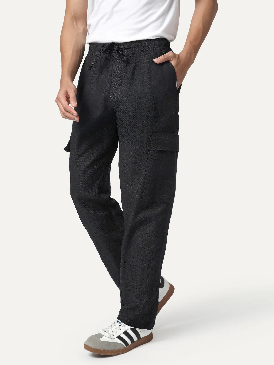 Men's Black Straight Fit Linen Cargo Pants with 6 Pockets