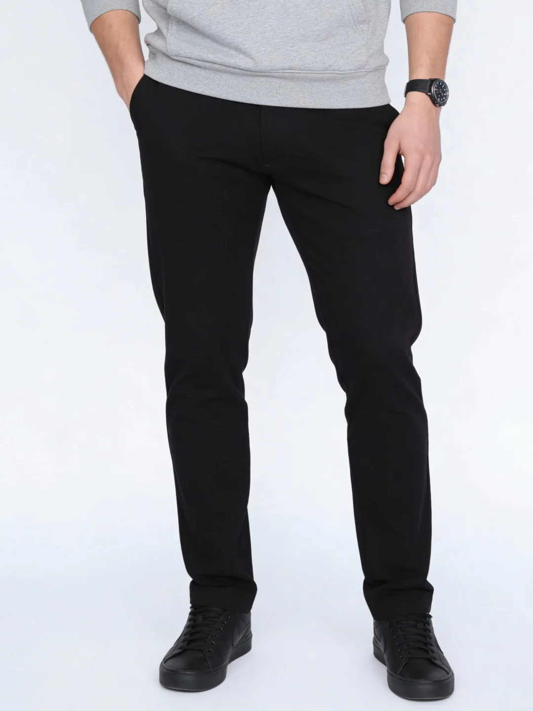 Men's Black Straight Fit Mid Rise Cotton Casual Chinos Trousers Stretch - Image 2