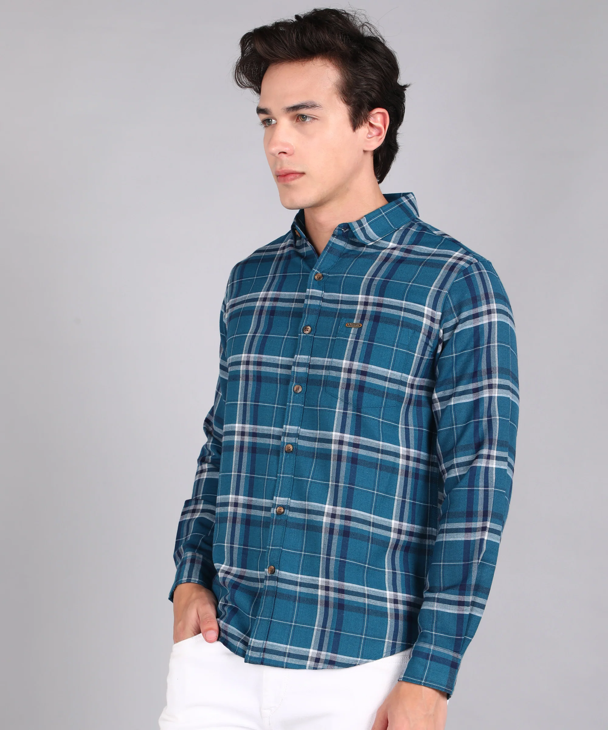 Men's Blue Cotton Full Sleeve Slim Fit Casual Checkered Shirt - Image 2