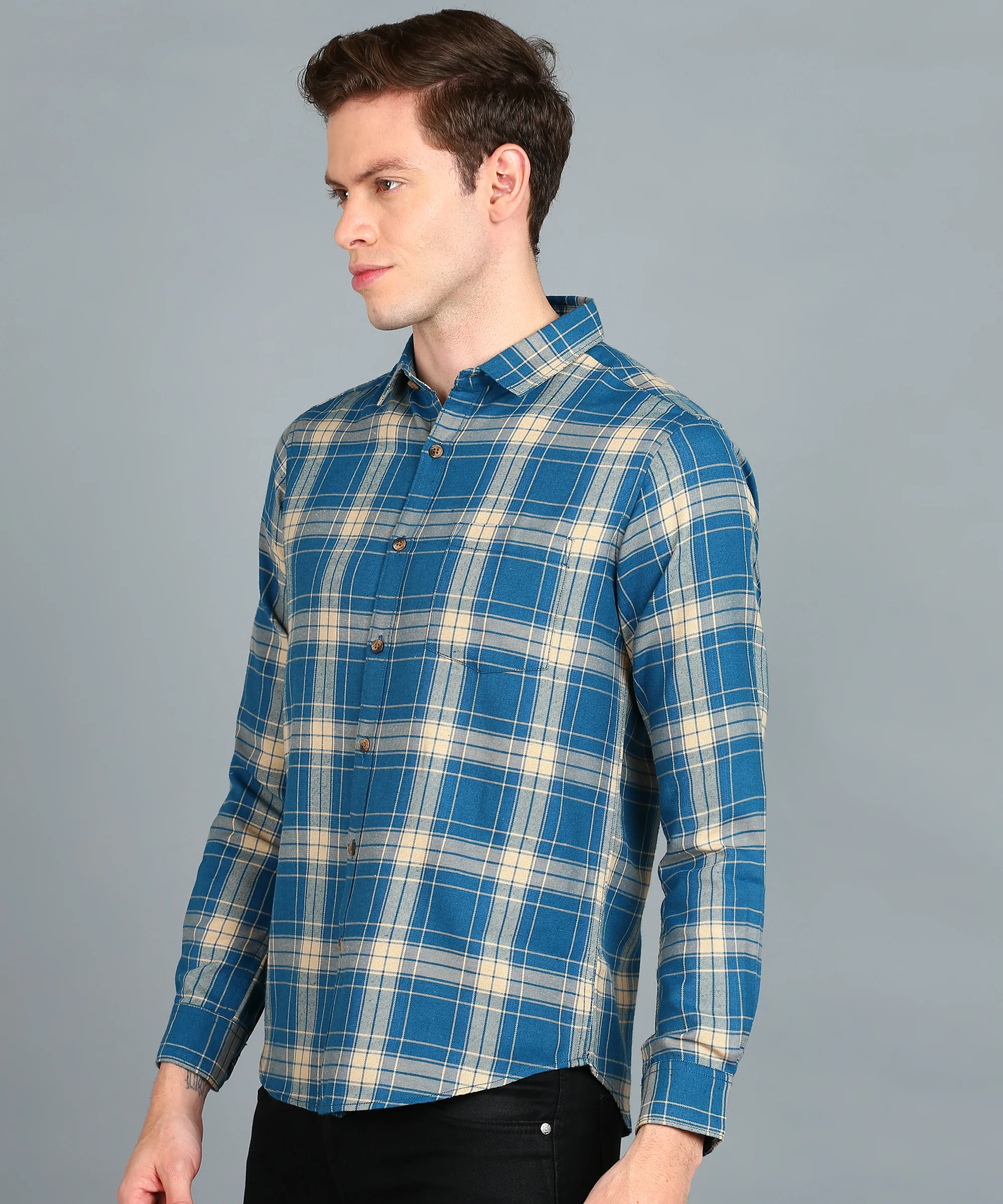 Men's Blue Cotton Full Sleeve Slim Fit Casual Checkered Shirt - Image 2