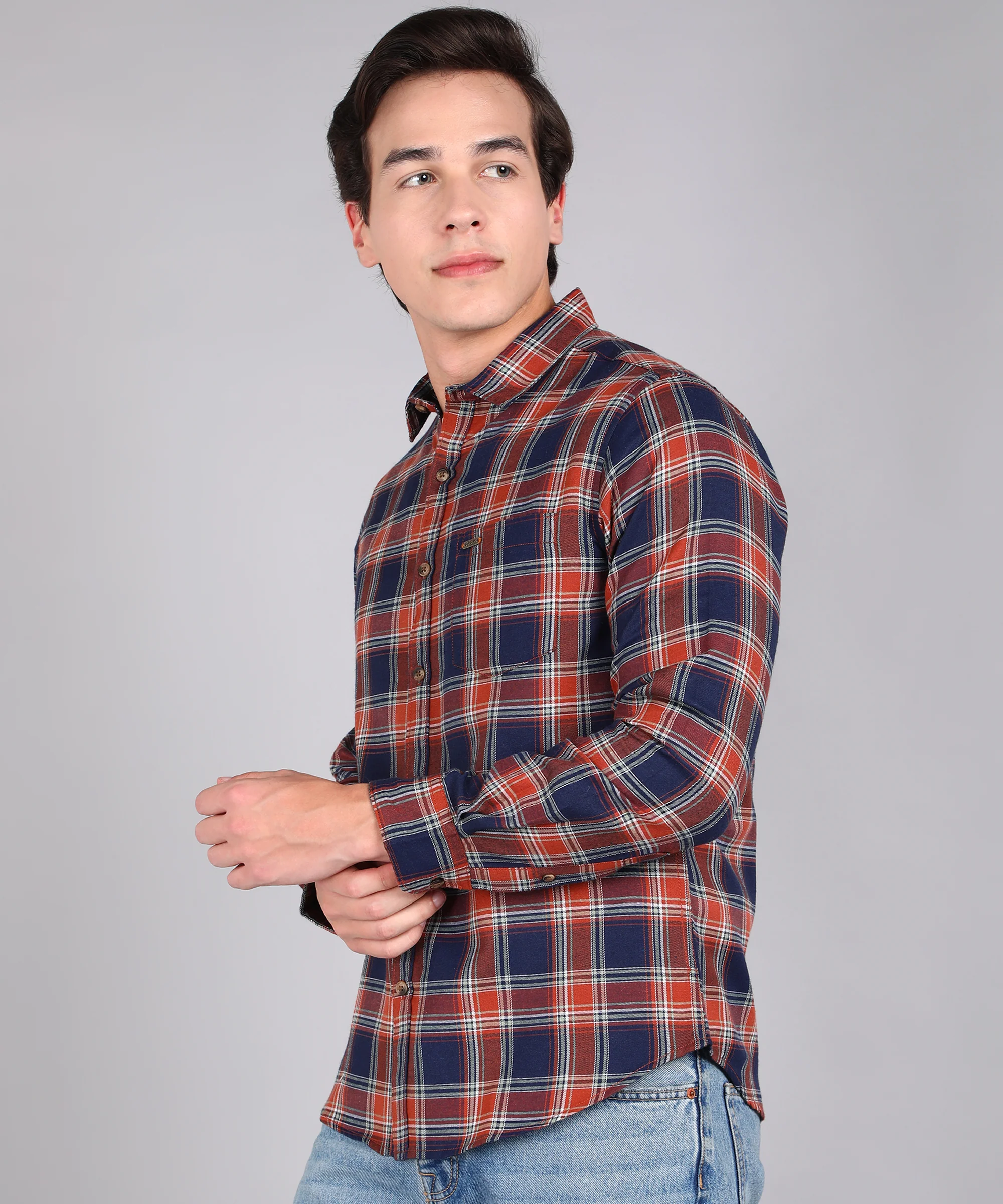 Men's Blue Cotton Full Sleeve Slim Fit Casual Checkered Shirt - Image 2