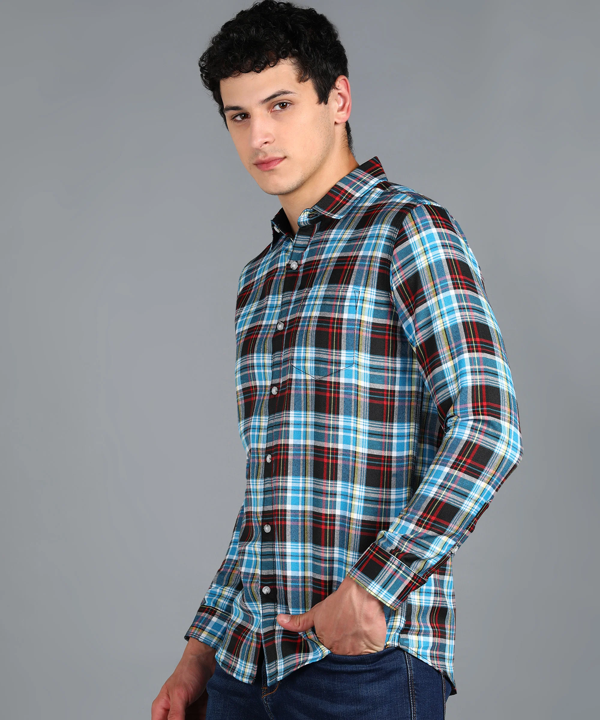 Men's Blue Cotton Full Sleeve Slim Fit Casual Checkered Shirt - Image 2