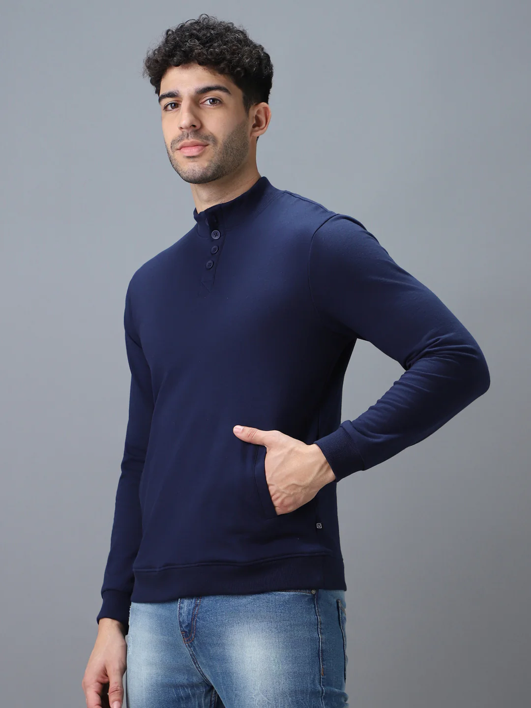 Men's Blue Cotton Solid Button High Neck Sweatshirt - Image 2