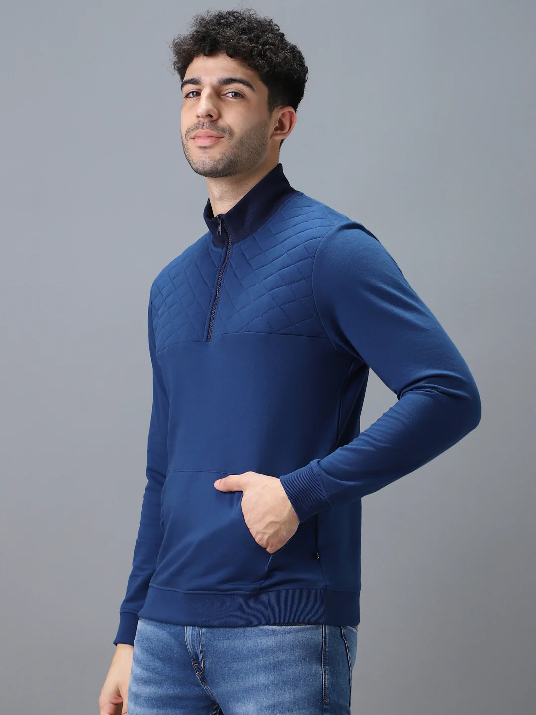 Men's Blue Cotton Solid Zippered High Neck Sweatshirt - Image 2