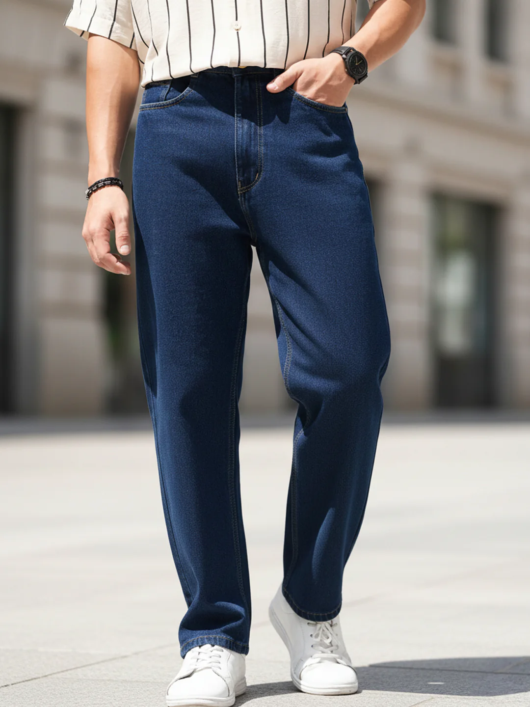 Men's Blue Loose Baggy Fit Raw Washed Denim Jeans Non-Stretchable