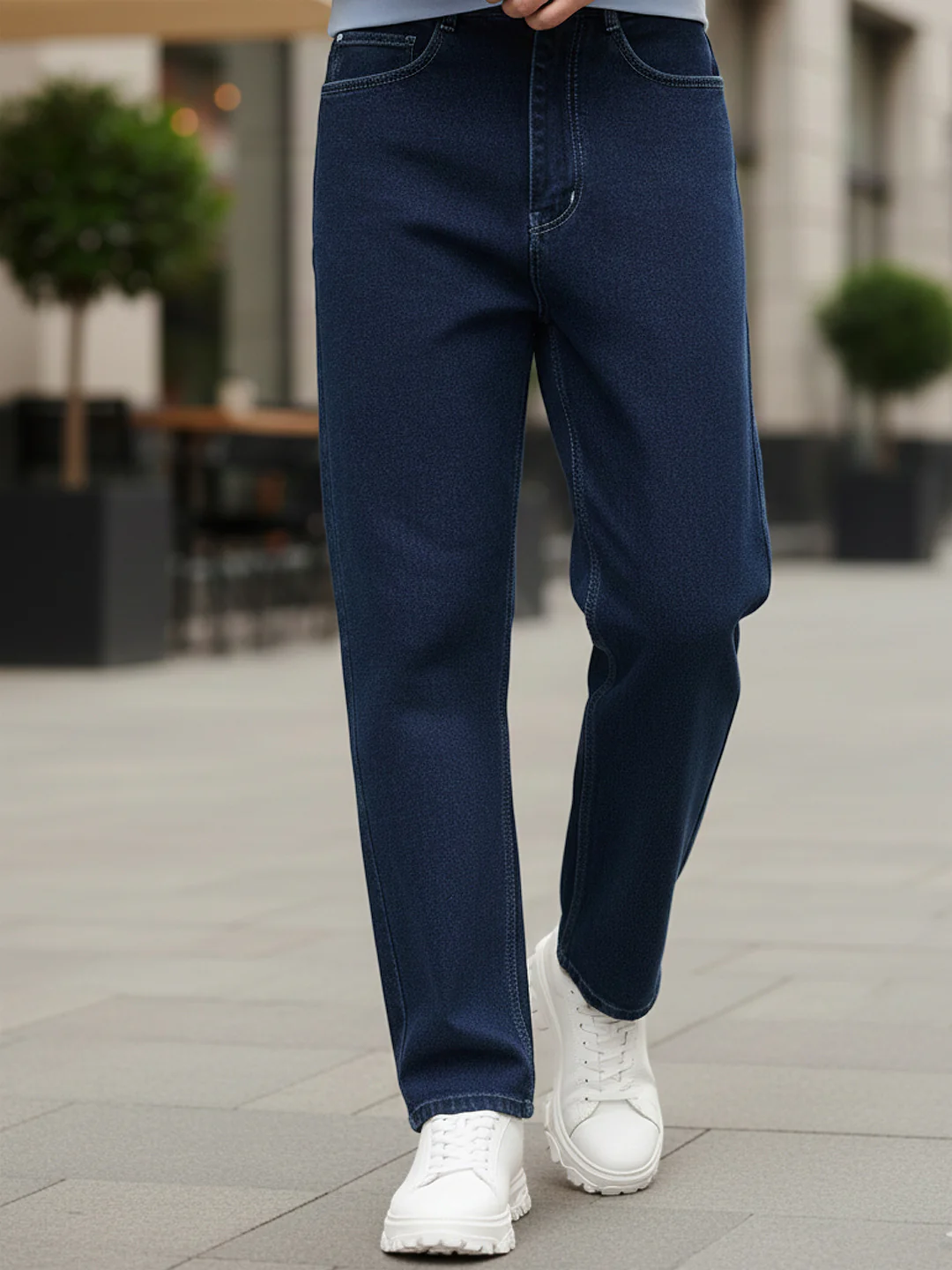 Men's Blue Loose Baggy Fit Raw Washed Denim Jeans Non-Stretchable