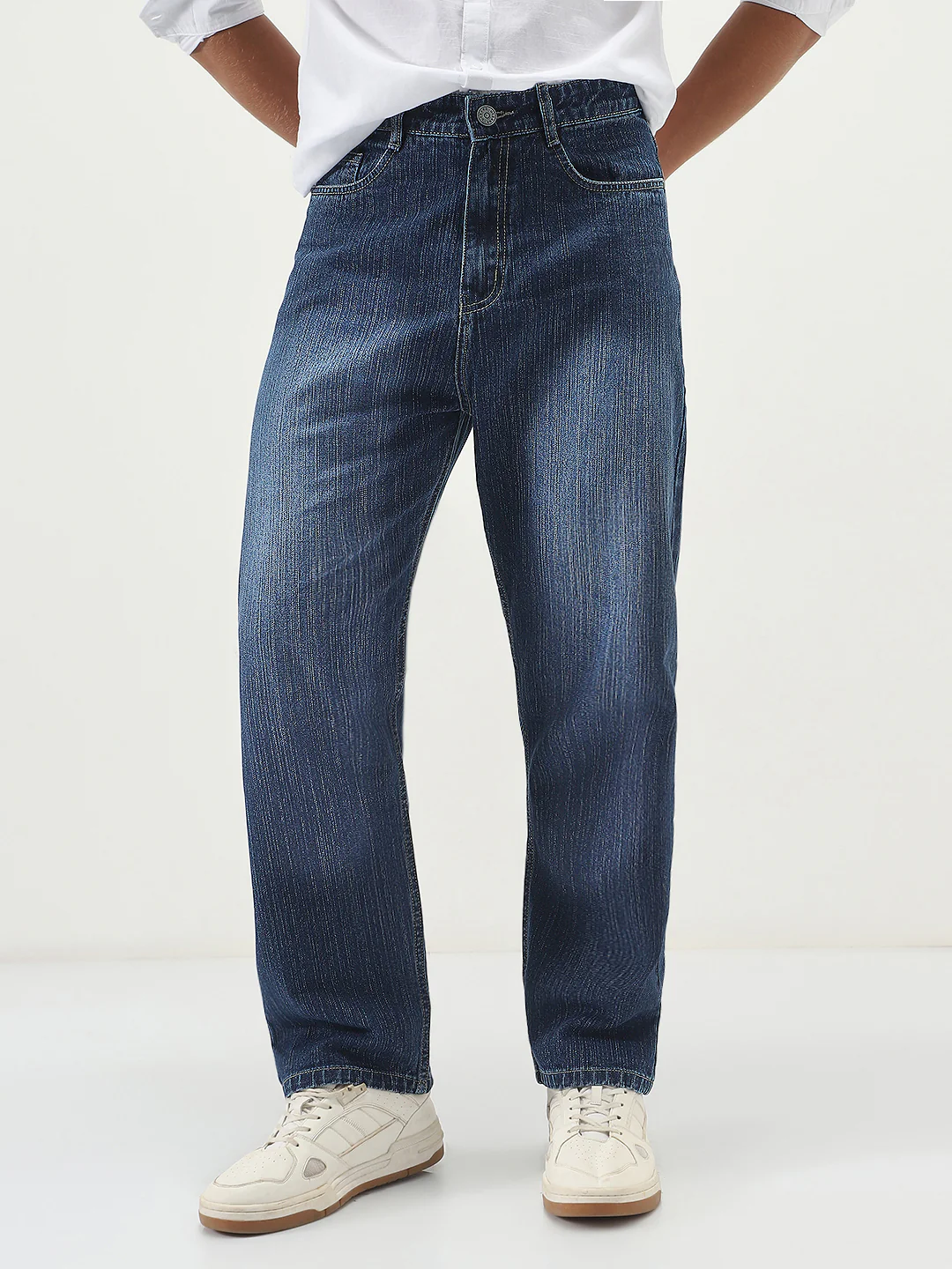 Men's Blue Loose Baggy Fit Washed Denim Jeans Non-Stretchable