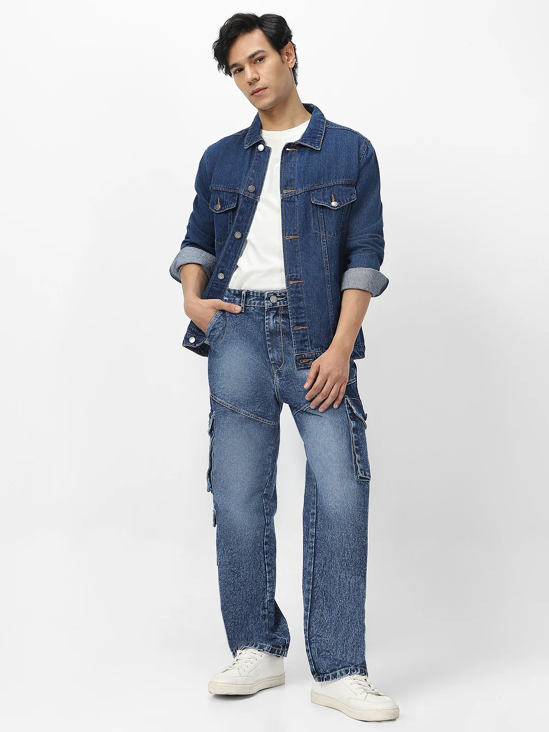 Men's Blue Loose Fit Cargo Jeans With 7 Pockets Non Stretchable - Image 4