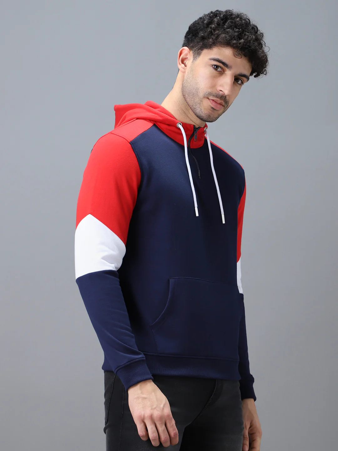 Men's Blue, Red Cotton Color Block Hooded Neck Sweatshirt - Image 2