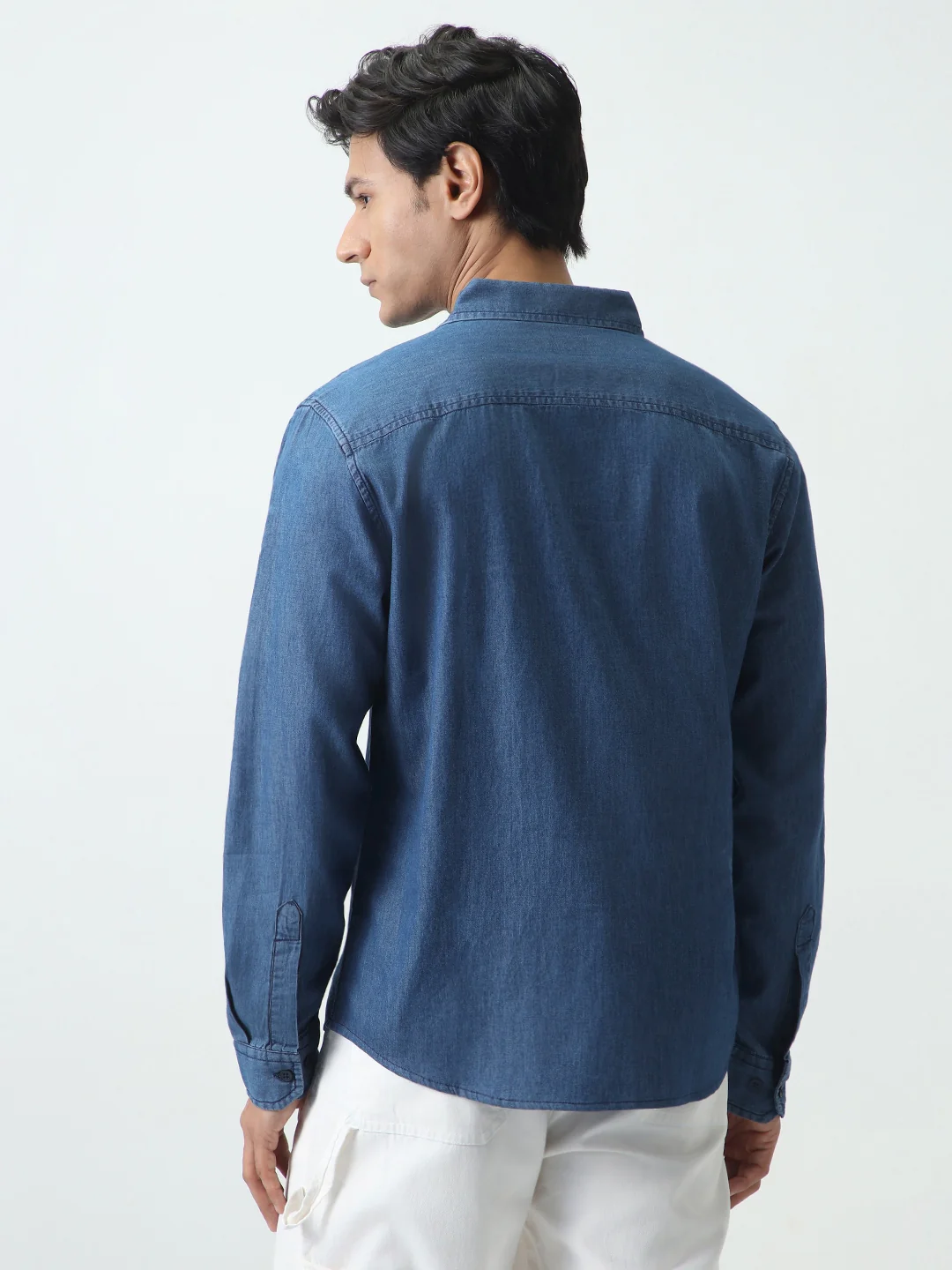 Men's Blue Regular Fit Full Sleeve Solid Denim Shirt - Image 3
