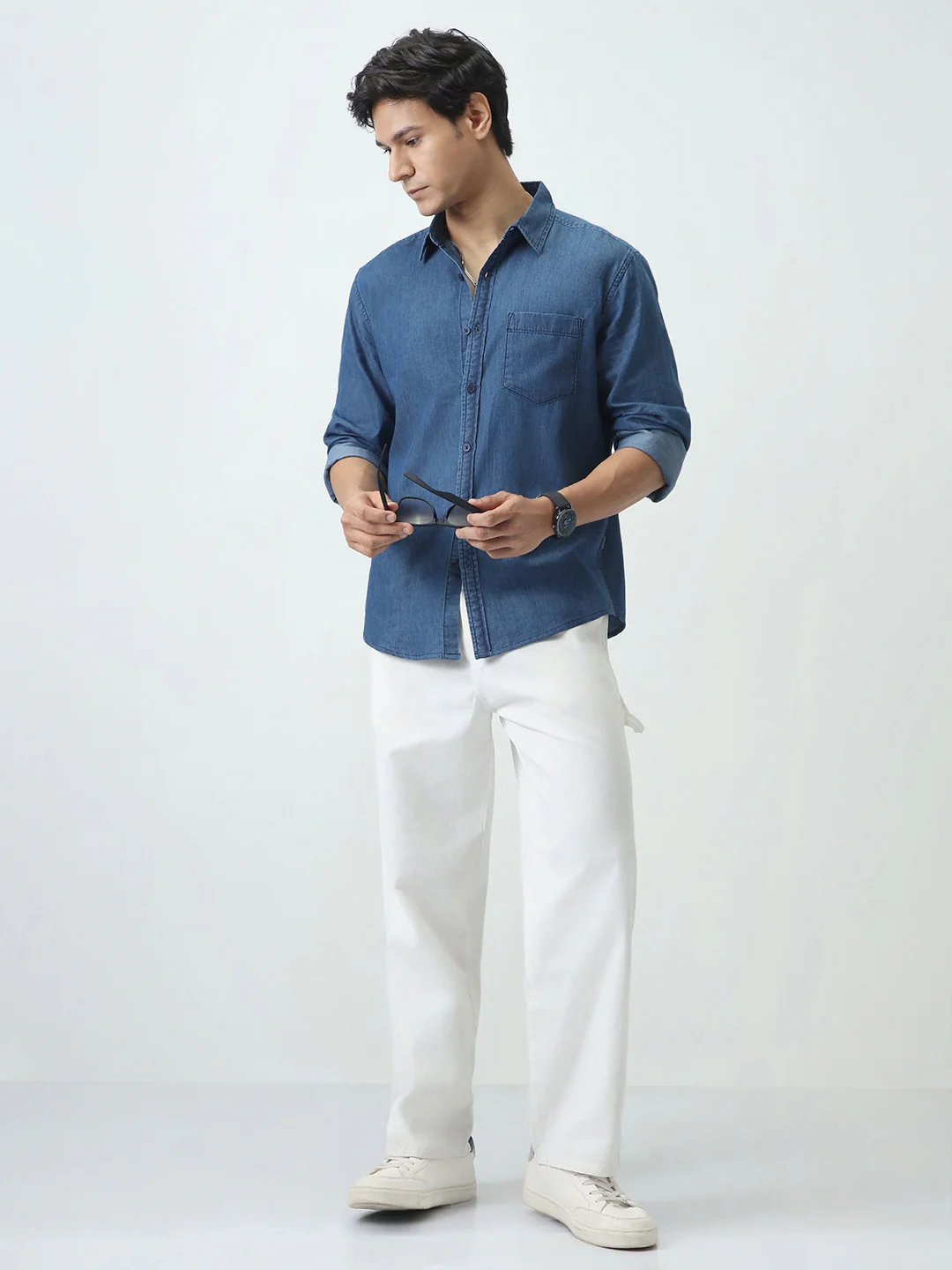 Men's Blue Regular Fit Full Sleeve Solid Denim Shirt - Image 4