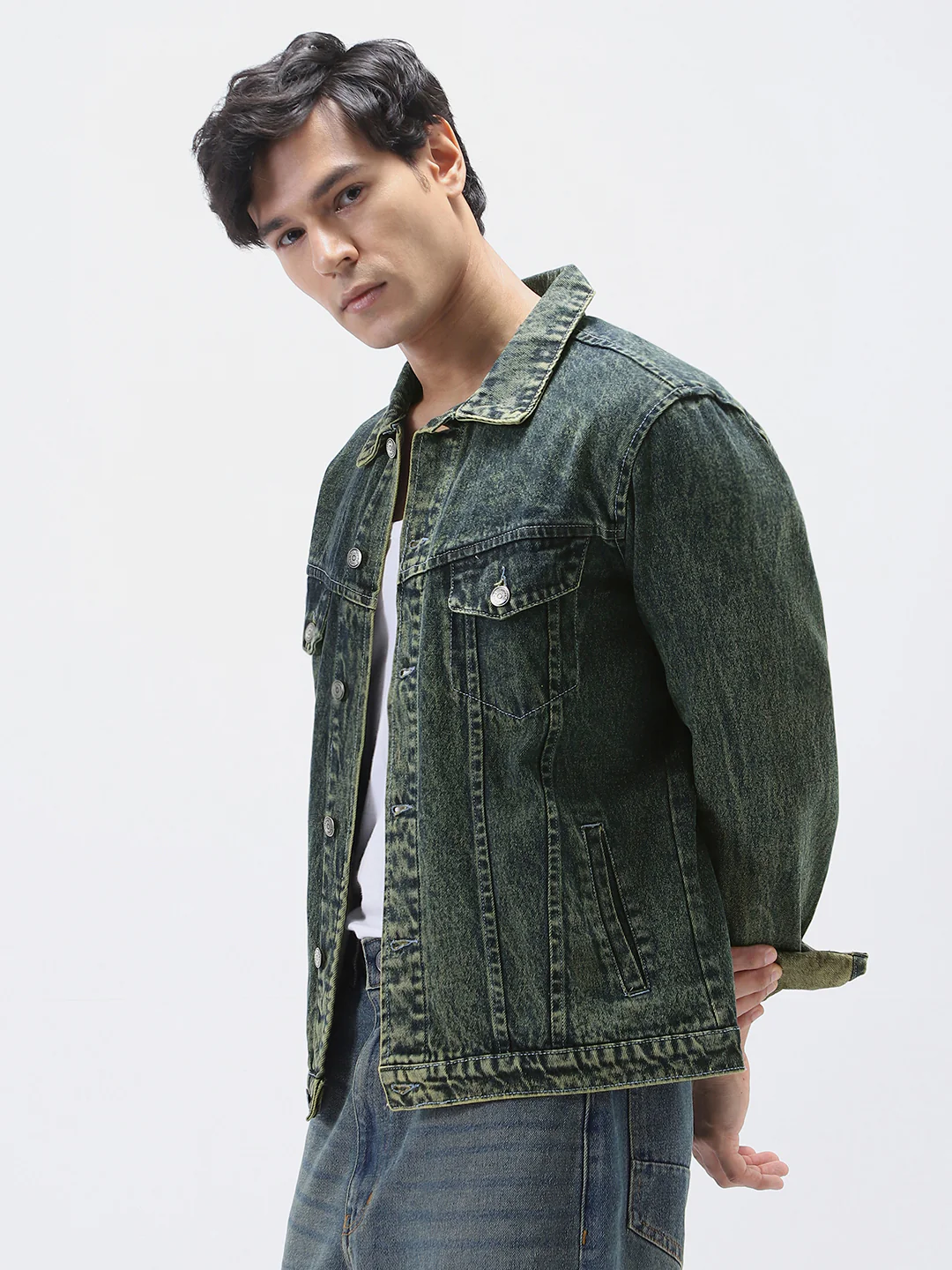 Men's Blue Regular Fit Washed Full Sleeve Denim Jacket - Image 3
