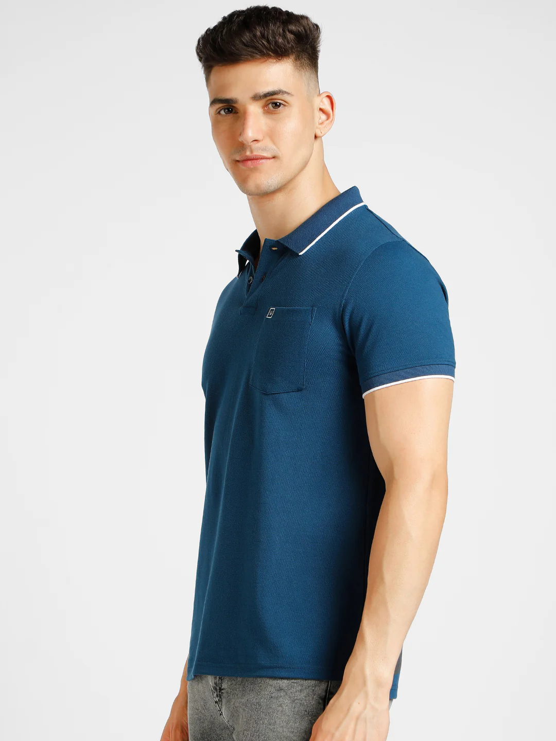 Men's Blue Solid Slim Fit Half Sleeve Cotton Polo T-Shirt - Image 2