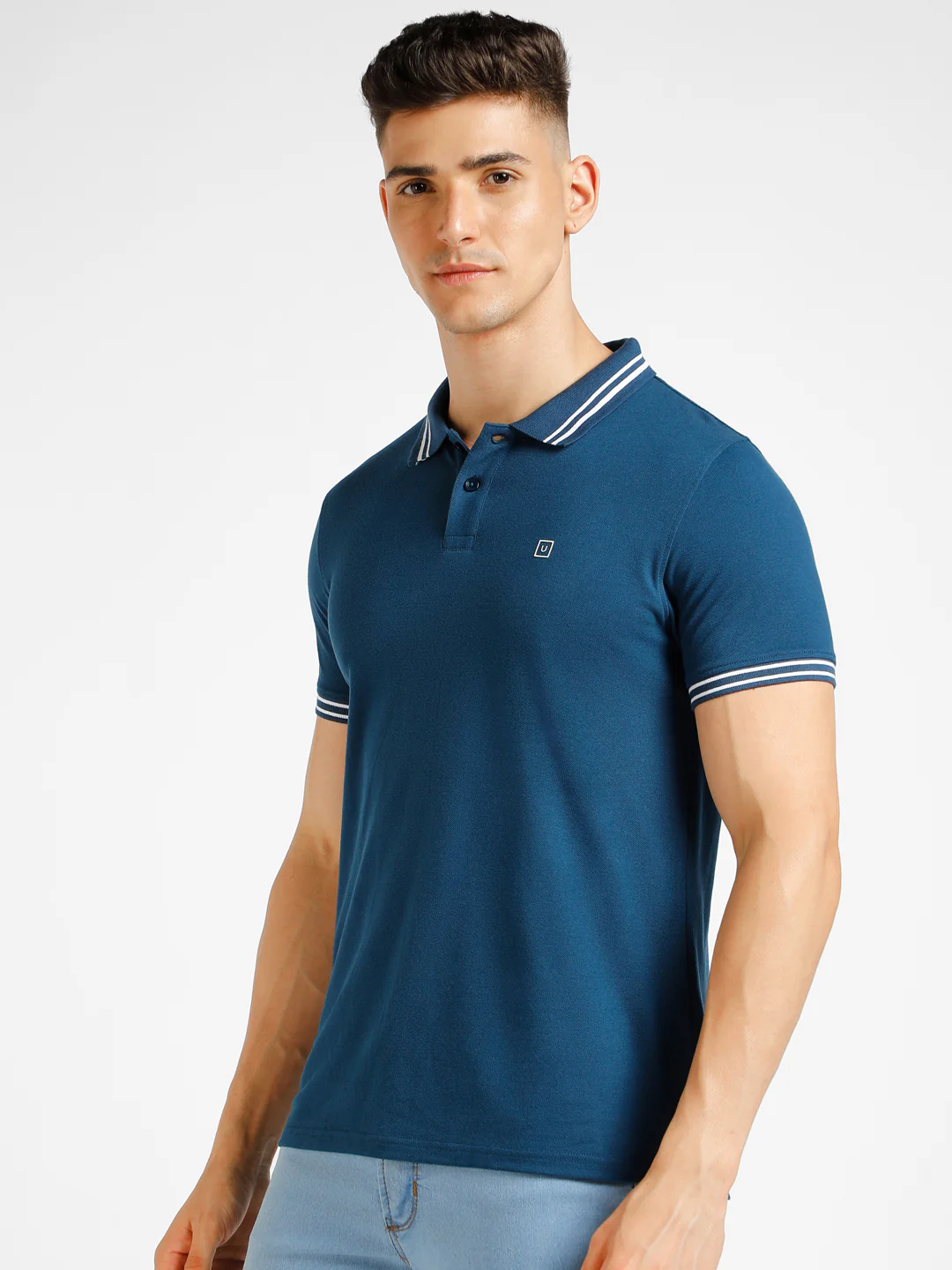 Men's Blue Solid Slim Fit Half Sleeve Cotton Polo T-Shirt - Image 2