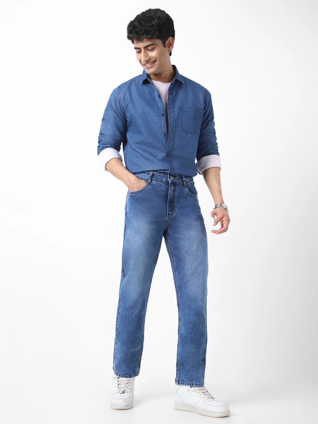 Men's Blue Straight Fit Washed Jeans Stretchable - Image 4