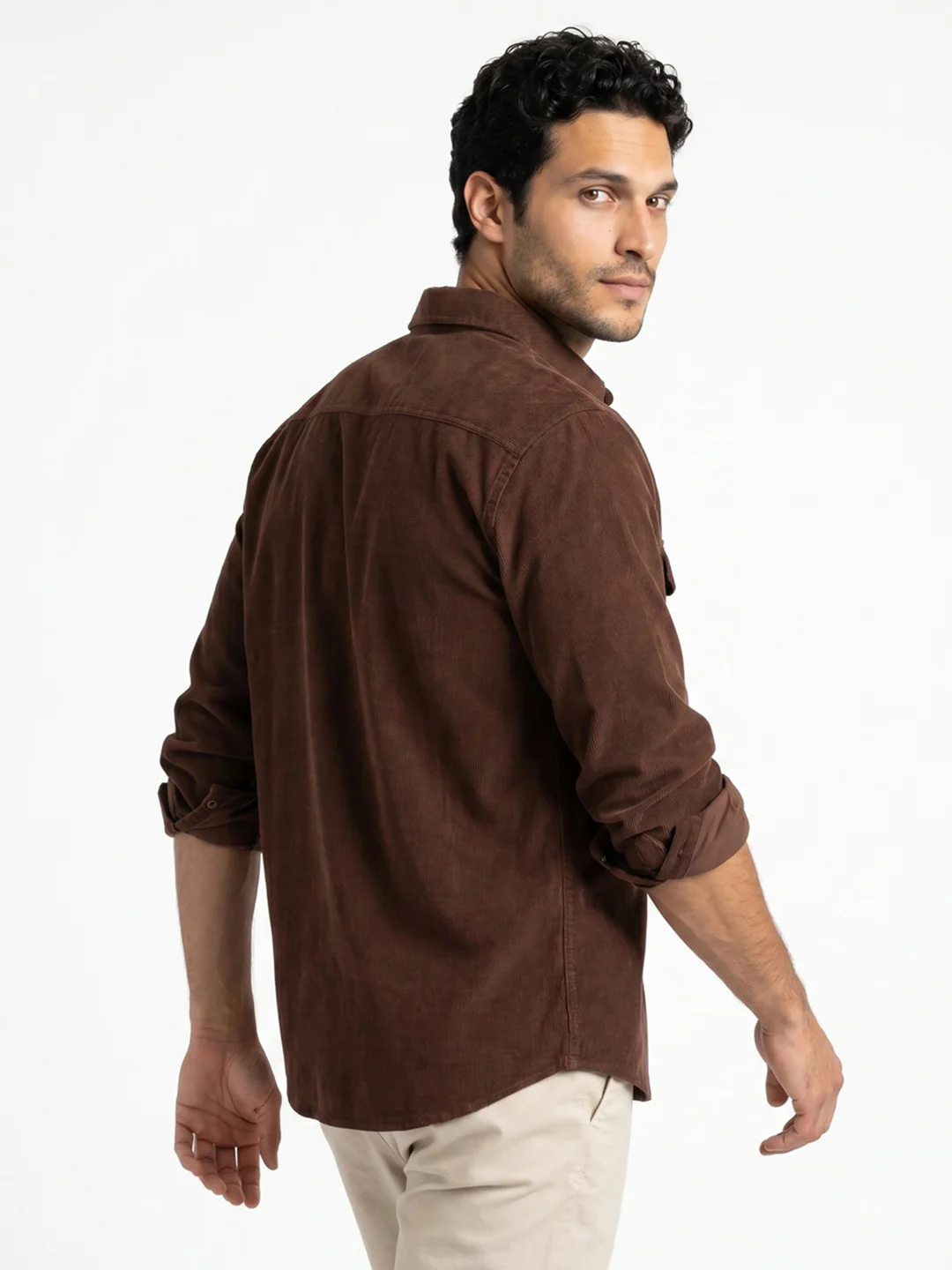 Men's Brown Corduroy Full Sleeve Regular Fit Solid Overshirt with Utility Pockets - Image 3