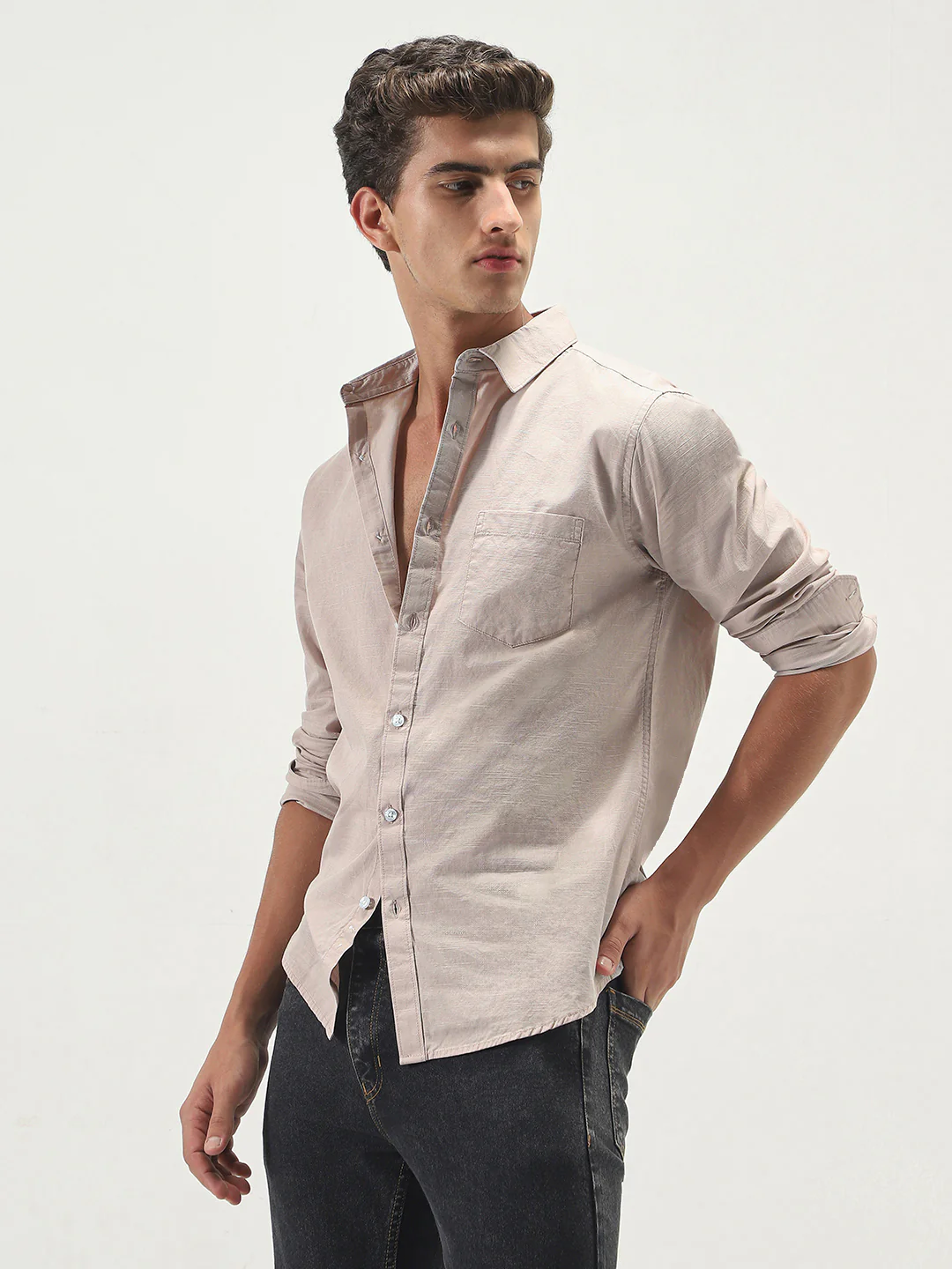 Men's Brown Cotton Full Sleeve Regular Fit Casual Solid Slub Shirt with Spread Collar - Image 2