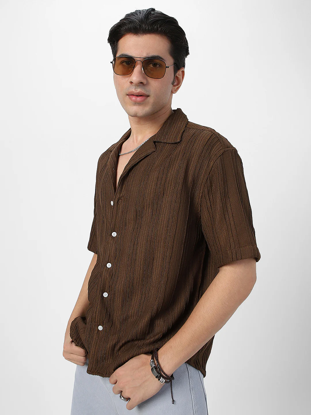 Men's Brown Cotton Half Sleeve Oversized Fit Textured Shirt with Cuban Collar - Image 2