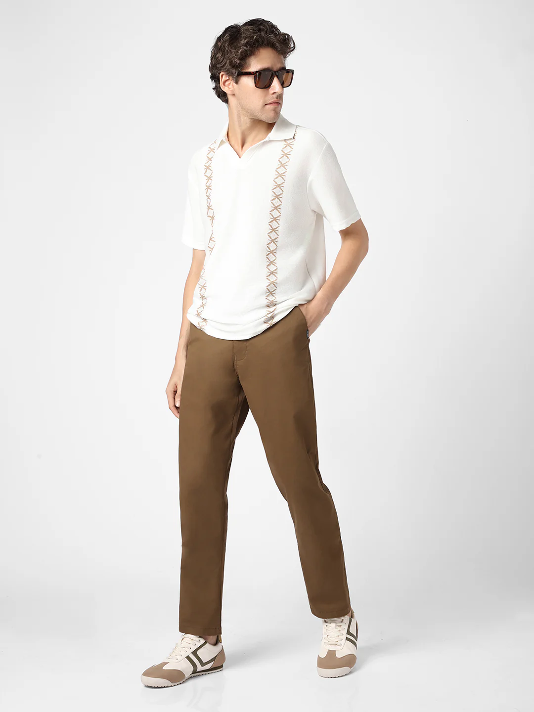 Men's Brown Cotton Regular Fit Casual Chinos Trousers Stretch - Image 4