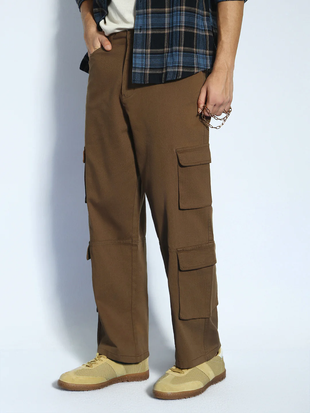 Men's Brown Loose Baggy Fit Cargo Chino Pant with 8 Pockets Stretchable - Image 2