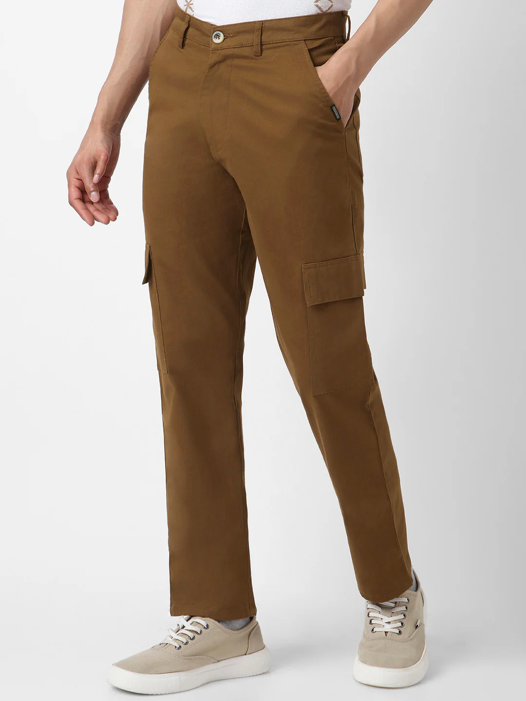 Men's Brown Regular Fit Solid Cargo Chino Pant with 6 Pockets Stretchable - Image 2