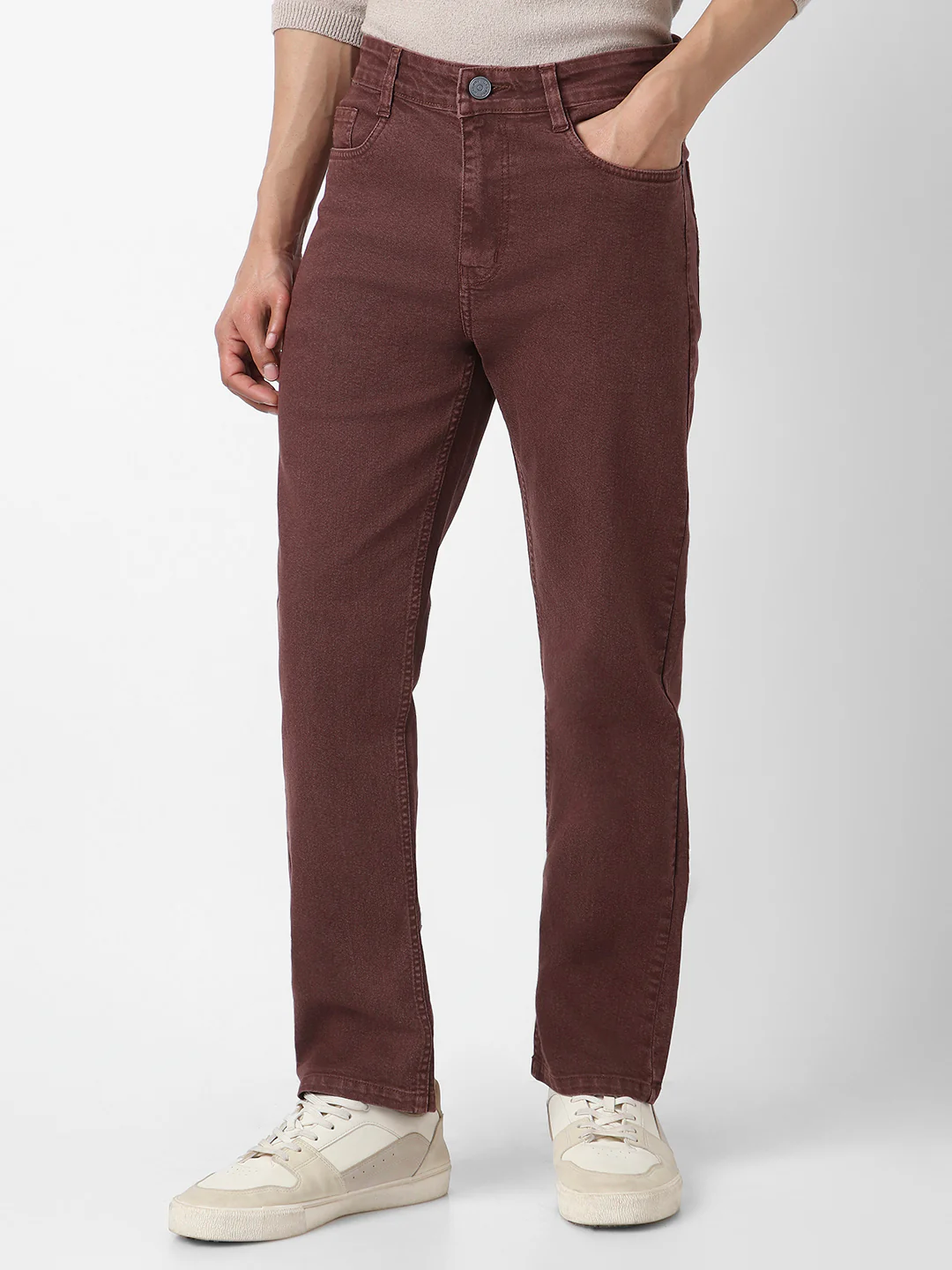 Men's Brown Straight Fit Washed Jeans Stretchable - Image 2