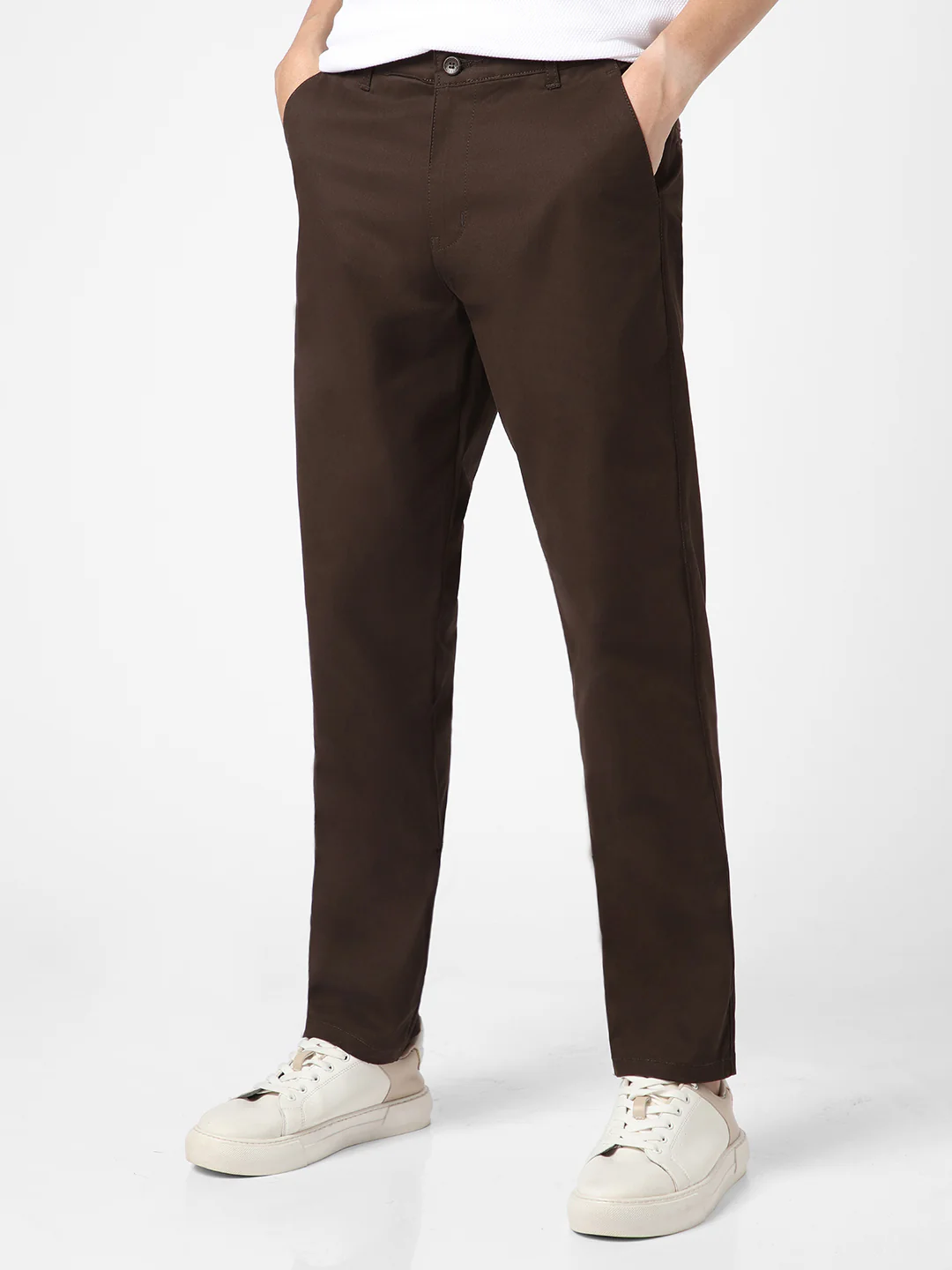 Men's Chocolate Brown Cotton Regular Fit Casual Chinos Trousers Stretch - Image 2