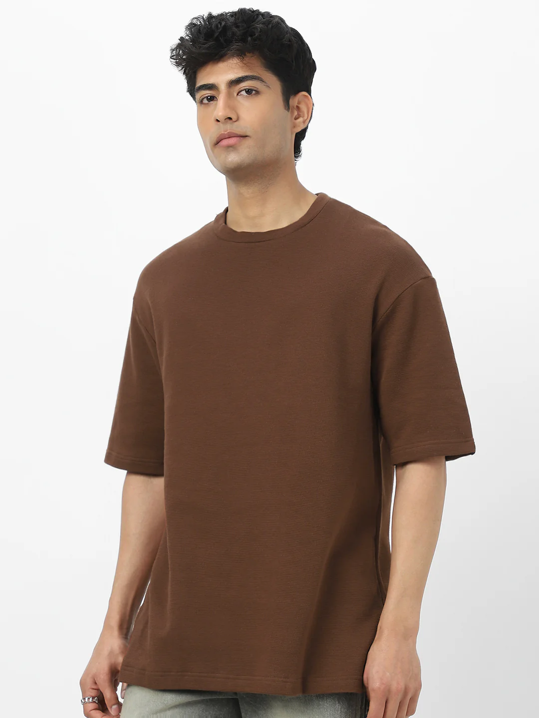 Men's Chocolate Brown Textured Round Neck Oversized Half Sleeve Cotton T-Shirt - Image 4