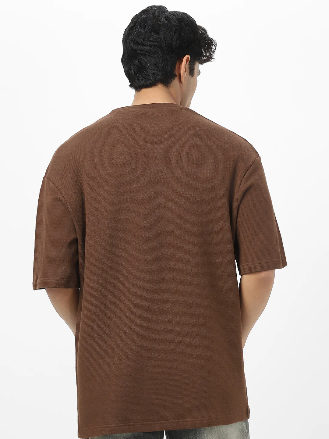 Men's Chocolate Brown Textured Round Neck Oversized Half Sleeve Cotton T-Shirt - Image 5